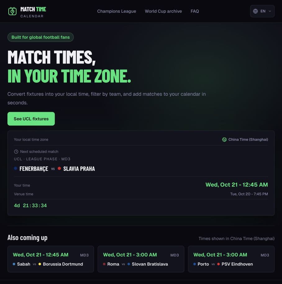 Match Time Calendar's dark interface showing local kickoff times, the next match countdown, and upcoming fixtures